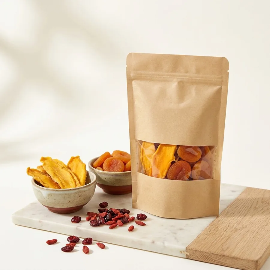 Bowls of dried mango, apple rings, apricots and berries beside the kraft pouch