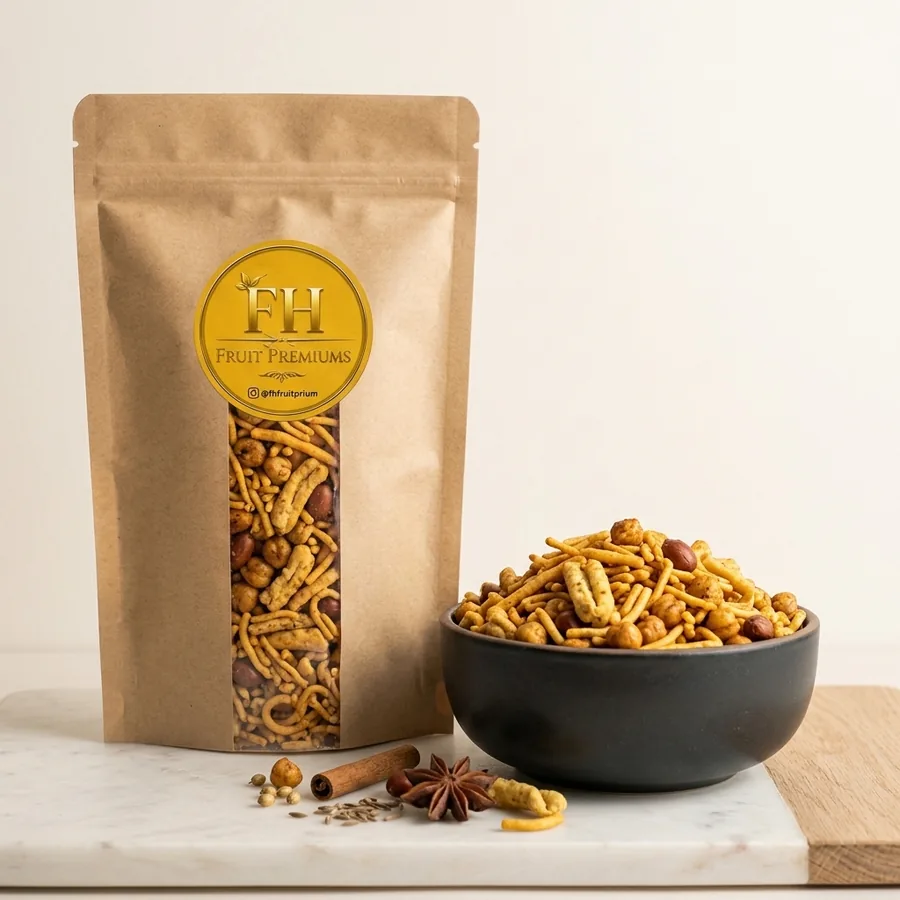 Bowl of FH Premiums tikka nimko beside a kraft pouch, with cumin, coriander and cinnamon